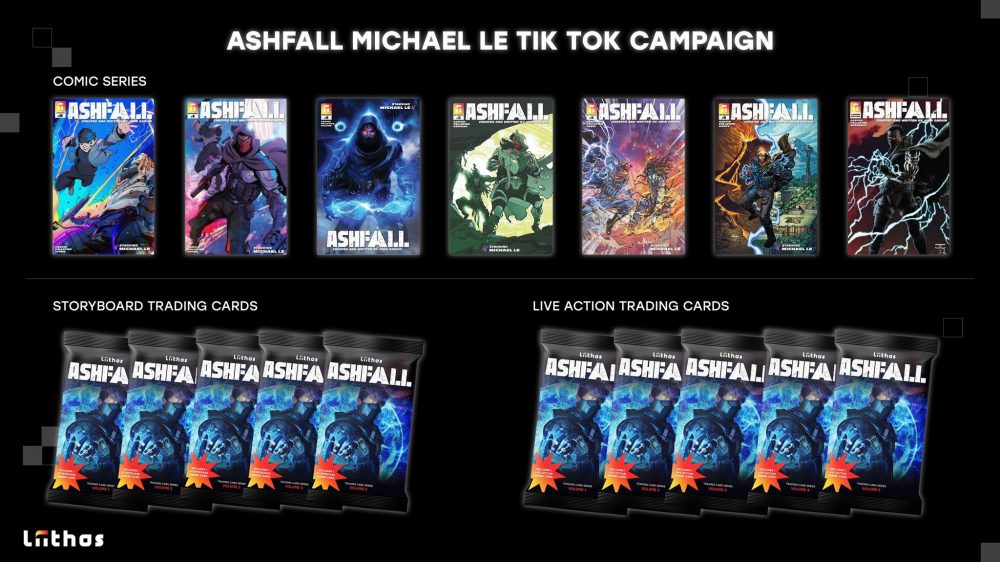 Image depicts different comic covers from the Michael Le and Liithos collaboration event as well as unopened trading card packs with Michael Le poster on the package.
